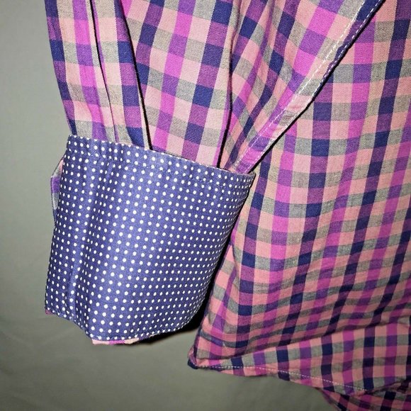 Tallia Button Up Shirt Flip Cuffs Mens  XL 17 1/2 Purple Blue Plaid Long Sleeve - Picture 5 of 6